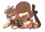  animal_ears bad_anatomy blazblue blush boneitis breasts brown_eyes brown_hair large_breasts makoto_nanaya sengoku_aky solo squirrel_ears squirrel_tail tail 