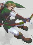  1boy arrow_(projectile) belt blonde_hair blue_eyes boots bow_(weapon) brown_boots commentary_request drawing_bow ear_piercing green_hat green_tunic grey_background hat highres holding holding_bow_(weapon) holding_weapon link looking_at_viewer male_focus nanananana0706 pants piercing pointy_ears quiver serious solo the_legend_of_zelda the_legend_of_zelda:_ocarina_of_time tunic twitter_username weapon white_pants 