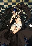  armor belt bikini_top black_hair black_rock_shooter blue_eyes burning_eye chain checkered front-tie_top gauntlets greaves insane_black_rock_shooter jacket long_hair loose_belt midriff na_young_lee scar solo star stitches twintails uneven_twintails weapon 