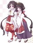  1boy 1girl absurdres bell black_hair closed_mouth commentary_request full_body grabbing_another's_arm green_eyes hair_ornament hakama highres houjou_tokiyuki_(nige_jouzu_no_wakagimi) japanese_clothes kariginu light_blush long_hair nige_jouzu_no_wakagimi okobo parted_lips platform_sandals purple_eyes purple_skirt red_hakama red_sash rrr_rrxx sandals sash shizuku_(nige_jouzu_no_wakagimi) short_hair short_hair_with_long_locks side-by-side simple_background skirt sleeves_past_wrists smile tabi twintails very_long_hair walking white_background wide_sleeves zouri 