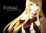  blonde_hair blood blue_eyes breasts cable cleavage flower highres lily_(flower) lily_(vocaloid) long_hair medium_breasts mouth_hold solo vocaloid yuuki_kira 