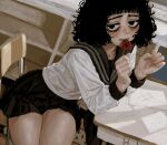  1girl absurdres afro bags_under_eyes black_eyes black_hair black_skirt casato classroom commentary condom condom_in_mouth curly_hair empty_eyes english_commentary highres indoors jitome long_sleeves looking_at_viewer mouth_hold original pale_skin school_uniform serafuku shirt sitting skirt solo thighs white_shirt 