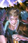  1boy black_nails black_shirt blonde_hair brown_jacket closed_eyes commentary crowd cyberpunk cyberpunk_(series) cyberpunk_2077 drink earrings eyelashes highres holding holding_drink indoors jacket jewelry male_focus nightclub open_clothes open_jacket qingxingua94891 shirt short_hair solo_focus upper_body v_(cyberpunk) vincent_(cyberpunk) 