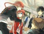  5boys abuto bad_id bad_pixiv_id blue_eyes braid bun_cover classroom gintama glasses hair_bun hijikata_toushirou indoors kagura_(gintama) kamui_(gintama) long_hair mg_(mica) multiple_boys necktie okita_sougo red_hair sakata_gintoki school_uniform short_hair single_braid 