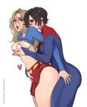  2girls black_hair blonde_hair blue_bodysuit blush bodysuit breasts clothes_lift dc_comics english_commentary grabbing_another's_breast groping highres long_hair multicolored_bodysuit multiple_girls navel nipple_stimulation nipples open_mouth red_bodysuit red_skirt selfcest short_hair skirt supergirl supergirl_(the_flash) superhero_costume superman_(series) the_flash_(movie) the_flash_(series) thighs time_paradox toksie two-tone_bodysuit white_background yuri 