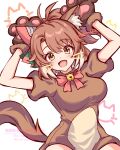  1girl 96mubi ahoge animal_costume animal_ear_fluff animal_ears animal_hands bell blush bow breasts brown_eyes brown_hair cat_costume cat_ears cat_girl cat_tail commentary_request dantsu_flame_(umamusume) gloves hair_between_eyes highres kemonomimi_mode large_breasts looking_at_viewer multicolored_hair neck_bell open_mouth paw_gloves pink_bow short_sleeves smile solo tail umamusume white_hair 