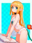  1girl absurdres blonde_hair blue_background blue_eyes bow bow_panties breasts checkered_background commentary_request crotch_seam futaba_channel highres horns kirin_(nijiura_maids) lingerie long_hair long_pointy_ears navel nijiura_maids panties pillow pointy_ears single_horn small_breasts tail tsukiyono_aroe underwear white_panties 