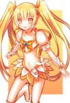  blonde_hair boots bow choker cure_sunshine hair_ribbon heart heartcatch_precure! highres hiraga_matsuri long_hair magical_girl midriff myoudouin_itsuki navel orange_(color) orange_background orange_bow orange_choker orange_skirt precure ribbon skirt solo twintails wrist_cuffs yellow_eyes 