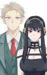  1boy 1girl black_dress black_hair blonde_hair blue_eyes breasts closed_mouth collarbone collared_shirt dress earrings frown gold_earrings gold_hairband green_jacket green_vest hairband highres jacket jewelry lapel_pin large_breasts long_sidelocks looking_at_viewer moduk2222 necktie red_eyes red_necktie shirt short_hair short_hair_with_long_locks sidelocks simple_background spy_x_family twilight_(spy_x_family) upper_body vest white_background yor_briar 