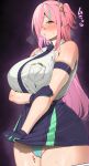  1girl amano_don aqua_panties arm_strap blue_gloves blue_necktie blue_skirt blush breasts cameltoe collared_shirt commentary fran_(plumeriafran) gloves green_skirt green_streaks groin hair_ornament hand_on_own_arm highres holding_own_skirt large_breasts long_hair looking_at_viewer miniskirt multicolored_hair necktie one_eye_covered one_side_up original panties partially_visible_vulva pink_hair pussy_juice shirt shirt_tucked_in skindentation skirt sleeveless sleeveless_shirt solo steaming_body streaked_hair sweat underwear unfinished white_shirt 
