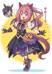  2girls animal_ears bat_wings black_gloves blue_flower blue_hat blue_rose blush bow bowtie brown_hair commentary_request cosplay ear_bow ear_covers fangs flipped_hair flower flower-shaped_pupils flower_in_eye frilled_hairband frills gloves hair_over_one_eye hairband halloween_costume haru_urara_(umamusume) hat hat_flower headband highres horse_ears horse_girl horse_tail lace-trimmed_gloves lace_trim long_hair multiple_girls open_mouth pink_eyes pink_hair pink_headband ponytail puffy_short_sleeves puffy_sleeves purple_eyes purple_sailor_collar purple_shirt purple_shoes purple_wings rakugakiraid red_headband rice_shower_(umamusume) rice_shower_(umamusume)_(cosplay) rice_shower_(vampire_makeover!)_(umamusume) rose sailor_collar sailor_shirt school_uniform shirt shoes short_sleeves skirt smile solo_focus standing standing_on_one_leg symbol-shaped_pupils symbol_in_eye tail tilted_headwear tracen_school_uniform translated umamusume white_bow white_bowtie white_shirt wings 