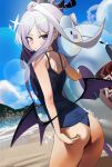  1girl absurdres ahoge ass beach black_halo black_horns blue_archive blue_one-piece_swimsuit blush commentary demon_girl demon_horns demon_wings hair_ornament hairclip halo highres hina_(blue_archive) hina_(swimsuit)_(blue_archive) horns innertube long_hair looking_at_viewer looking_back low_wings multiple_horns official_alternate_costume old_school_swimsuit one-piece_swimsuit outdoors parallel_hairclips parted_bangs pout purple_eyes purple_halo purple_wings riel_(rielilu) school_swimsuit solo sparkle swim_ring swimsuit white_hair wings 