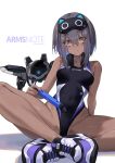  1girl arms_note black_one-piece_swimsuit blindfold_mask breasts brown_eyes commentary_request competition_swimsuit dark-skinned_female dark_skin fukai_ryosuke grey_hair highleg highleg_one-piece_swimsuit highres indian_style mask mask_on_head multicolored_swimsuit no_socks one-piece_swimsuit original robot shoes short_hair sitting sneakers solo swimsuit white_shoes 