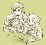  2boys armor bandaid bandaid_on_cheek bandaid_on_face bard_(sekaiju) bard_3_(sekaiju) chest_guard cloak closed_mouth commentary_request earrings green_background half-closed_eyes holding holding_quill jewelry male_focus motimamire multiple_boys pauldrons quill ring sekaiju_no_meikyuu sekaiju_no_meikyuu_1 short_hair shoulder_armor sitting smile swordsman_(sekaiju) swordsman_1_(sekaiju) vambraces very_short_hair 