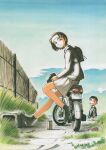 >_< 1boy 1girl absurdres ashinano_hitoshi backpack bag black_eyes black_hair black_shoes blazer can day expressionless fence grey_skirt grin headband helmet highres holding holding_unworn_helmet jacket litter long_sleeves looking_at_viewer motor_vehicle motorcycle ojisan on_motorcycle outdoors sensei_(yokohama_kaidashi_kikou) shoes short_hair skirt smile traditional_media unworn_headwear unworn_helmet yokohama_kaidashi_kikou 