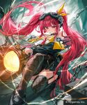  1girl artillery bare_shoulders between_breasts black_thighhighs breasts cleavage clenched_teeth clothes_between_breasts collar commentary_request copyright_notice ear_piercing earrings fighting_stance fishnet_thighhighs fishnets floating_hair full_body garter_straps goggles goggles_on_head green_jacket green_skirt hair_ribbon heart heart_earrings highres holding holding_weapon jacket jewelry large_breasts loafers long_hair misekiss mole mole_on_breast necktie necktie_between_breasts off_shoulder official_art piercing red_eyes red_hair ribbon shadowverse shadowverse:_worlds_beyond shirt shoes skirt solo squatting studded_collar studs teeth thighhighs tidal_gunner_(shadowverse) twintails weapon whirlpool_gunner_(shadowverse) white_shirt 