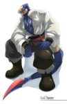  1boy bara black_boots black_pants boots broad_shoulders colored_sclera fang furry jewelry kokukokuboo male_focus muscular muscular_male necklace open_clothes open_shirt pants pirate_costume pokemon pokemon_(creature) red_sclera seviper shirt sitting smile snake snake_boy snake_tail tail white_shirt 