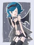  1girl :p ;p alternate_costume black_gloves black_nails black_shorts blue_eyes blue_hair blush demon_girl demon_horns demon_wings finger_to_eye fingerless_gloves frilled_crop_top garter_straps gloves halloween_costume hato_no_sashimi highleg highleg_panties highres horns lana_(pokemon) navel non-web_source one_eye_closed panties pokemon pokemon_sun_and_moon short_hair short_shorts shorts simple_background thighhighs tongue tongue_out underwear wings 