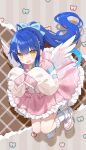  1girl :d absurdres ahoge amamiya_kokoro amamiya_kokoro_(4th_costume) artist_name blue_bow blue_hair blush bow chinese_commentary commentary_request dress fang feathered_wings frilled_dress frills hair_bow hair_ornament hairclip hands_up heart heart_hair_ornament highres long_sleeves looking_at_viewer miyayoki nijisanji open_mouth pink_dress ponytail shoes signature skin_fang sleeves_past_fingers sleeves_past_wrists smile socks virtual_youtuber white_socks wings x_hair_ornament yellow_eyes 