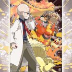  1boy absurdres adjusting_eyewear arcanine artist_name bald blaine_(pokemon) blue_shirt brown_pants charizard closed_mouth coat collared_shirt commentary company_name copyright_notice english_commentary facial_hair fangs fiery_wings fire fire_type_theme_(pokemon) flame_print flareon from_side highres lab_coat lips long_sleeves magmortar male_focus merchandise_available moltres mustache necktie ninetales official_style old old_man open_clothes open_coat open_mouth outline pants pokemon pokemon:_let's_go_pikachu!_and_let's_go_eevee! pokemon_(creature) pokemon_team print_necktie red_necktie round_eyewear shirt smile standing sunglasses tie_clip tom_higgins watermark white_coat white_outline wings 