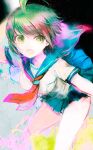  1girl :o ahoge blue_sailor_collar blue_skirt colorful_background commentary_request danganronpa_(series) danganronpa_another_episode:_ultra_despair_girls green_eyes green_hair knees looking_to_the_side naegi_komaru neckerchief red_neckerchief sailor_collar school_uniform serafuku shirt skirt solo white_shirt yuhazu_(rhe-rhe) 
