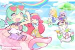  2boys 2girls abyss_(puyopuyo) abyss_(seaside)_(puyopuyo) alternate_costume angel angel_wings animal_ears arm_up arms_up bare_arms barefoot beach_umbrella bikini bikini_skirt black_pants black_sailor_collar blonde_hair blue_eyes blue_hair blue_shirt blue_sweater_vest blush_stickers bow bracelet closed_eyes closed_mouth cloud collared_shirt commentary_request creature day dolphin dress elisa_(puyopuyo) elisa_(summer_break)_(puyopuyo) emilia_(puyopuyo) feathered_wings floral_print floral_print_shirt flying food glasses green_umbrella hair_bow hairband halo heart heart-shaped_eyewear heterochromia holding holding_food holding_ice_cream holding_ice_cream_cone holding_swim_ring holding_water_gun horns ice_cream ice_cream_cone innertube jewelry long_hair looking_up lux_(puyopuyo) multiple_boys multiple_girls neckerchief necklace niji_iruka nyandragon official_alternate_costume official_style on_cloud on_innertube one_eye_closed open_clothes open_mouth open_shirt outdoors pants pawpads pimyuhuwa pink-tinted_eyewear pink_eyes pink_hair pink_shirt pleated_dress polka_dot polka_dot_dress print_shirt purple_bow purple_dress purple_hair puyopuyo puyopuyo_quest rainbow round_eyewear sailor_collar sandals sarong shirt sidelocks sitting skirt sleeveless sleeveless_shirt smile standing sunglasses sweater_vest swim_ring swimsuit tail tinted_eyewear traditional_halo twintails twitter_username umbrella very_long_hair water_gun white_bikini white_pants white_shirt white_skirt white_wings wings yellow-framed_eyewear yellow_eyes yellow_hairband yellow_halo yellow_horns yellow_neckerchief yellow_sarong yellow_wings 