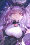  1girl absurdres arknights arknights:_endfield bare_shoulders black_horns breasts commentary detached_sleeves highres horns large_breasts long_hair looking_at_viewer n_xo_q pink_eyes purple_hair ringlets solo twintails typhoeus_(arknights) typhon_(arknights) upper_body 