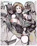  1girl 4boys amputee armless_amputee artist_name asymmetrical_bangs black_leotard blonde_hair breasts building cityscape clenched_teeth closed_eyes commentary cyberpunk cyberpunk_(series) cyberware dark-skinned_male dark_skin detective elena_cross english_commentary evil_smile fingering from_side grimace groping gun handgun hetero holding holding_knife holster imminent_rape knife leotard mechanical_arms multiple_boys muscular muscular_male nipples nose nude open_mouth penis police police_uniform policewoman pussy reach-around sabu_(sabudenego) science_fiction short_hair signature simple_background single_mechanical_arm smile teeth testicles thigh_holster throat_grab toned toned_female upper_body weapon 