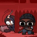  1boy 1girl absurdres beanie beard beating black_hat boots brown_boots chibi commentary dark-skinned_male dark_skin english_commentary english_text facial_hair glasses hat highres holding holding_lead_pipe improvised_weapon jacket lead_pipe lunger_(silent_hill) miyan_(oceanmaiden) neckerchief pants patreon_username red_jacket red_neckerchief school_uniform shimizu_hinako silent_hill:_townfall silent_hill_(series) silent_hill_f simon_ordell skirt speech_bubble violence zombie 