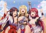  3girls airi_(queen's_blade) armor bikini_armor black_hair blonde_hair braid breasts broken_armor cheering closed_eyes commentary_request day dress exiled_warrior_leina hakama hakama_skirt highres japanese_clothes kimono kkkowy0913 large_breasts leina_(queen's_blade) long_hair low-tied_long_hair miko multiple_girls musha_miko_tomoe outdoors queen's_blade red_hair red_hakama revealing_clothes ribbon-trimmed_sleeves ribbon_trim short_hair_with_long_locks skirt smile tomoe_(queen's_blade) torn_clothes torn_dress torn_hakama torn_kimono twin_braids very_long_hair white_kimono wide_sleeves 