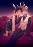  11kkr 2boys all_fours animal_ears arm_support belt black_pants black_shoes black_shorts black_vest bow bowtie closed_mouth commentary_request fake_animal_ears hands_on_another's_shoulders highres ikari_shinji kneehighs looking_at_viewer male_focus multiple_boys nagisa_kaworu neon_genesis_evangelion pants rabbit_ears rabbit_tail shoes shorts socks tail vest waistcoat white_vest yaoi 