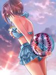  ball beachball bikini brown_eyes brown_hair cloud drink frilled_bikini frills from_below nagare original polka_dot ponytail short_hair solo striped swimsuit 