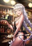  1girl apron ass bar_(place) black_apron black_panties blue_eyes blush bottle braid breasts butt_crack cocktail cocktail_glass commentary_request counter covered_nipples cup drinking_glass drinking_straw embarrassed flying_sweatdrops frilled_apron frilled_panties frills gotointhepark hair_between_eyes hand_up highres holding holding_tray honkai_(series) honkai_impact_3rd indoors kiana_kaslana long_hair looking_at_viewer looking_back lowleg lowleg_panties maid_headdress medium_breasts nearly_naked_apron nose_blush open_mouth panties perky_breasts photoshop_(medium) sideboob solo tray twin_braids underwear very_long_hair waitress wavy_mouth 