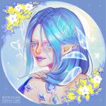 1girl armlet artist_name bare_shoulders bead_armlet blue_background blue_border blue_eyes blue_hair blue_nails bone_hair_ornament border born_flawless_(infinity_nikki) closed_mouth colored_eyelashes commentary ear_ornament english_commentary eyeliner eyeshadow facepaint flower from_behind hair_between_eyes hair_ornament hair_over_shoulder hand_on_own_shoulder happy heart highres infinity_nikki jewelry leaf light_particles lipstick long_hair long_hair_between_eyes looking_at_viewer looking_back makeup nail_polish nikki_(series) nostrils pink_eyeshadow pointy_ears purple_eyeliner purple_lips ronya_sanzoku round_border shoulder_blades smile solo sparkle upper_body watermark white_flower 
