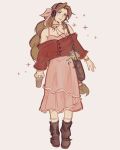  1girl aerith_gainsborough ankle_boots arms_at_sides bag boots bracelet breasts brown_boots buttons cardigan closed_mouth cup dress final_fantasy final_fantasy_vii flower full_body green_eyes head_tilt headphones highres holding holding_cup invisible_floor j1nxxdd jewelry long_hair long_sleeves looking_at_viewer medium_dress necklace off_shoulder pink_dress red_cardigan shoulder_bag simple_background small_breasts socks spaghetti_strap sparkle sparkling_aura standing very_long_hair white_background 