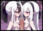  1boy 2girls artist_name black_border black_bow black_hair black_hairband blue_archive border bow breasts censored closed_mouth commentary_request commission cooperative_naizuri cooperative_paizuri cum dated ejaculation erection ffm_threesome grabbing_own_breast group_sex hair_bow hairband halo hetero kayoko_(blue_archive) kei_(blue_archive) kei_(student)_(blue_archive) kotoba_ayato long_hair looking_at_penis looking_down medium_hair mosaic_censoring multicolored_hair multiple_girls naizuri nipples nude paizuri parted_lips penis pink_eyes ponytail pov projectile_cum red_eyes skeb_commission small_breasts smile sound_effects sweat teamwork_(sexual) threesome two-tone_hair variant_set white_hair 