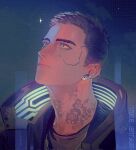  1boy chensang83 commentary cyberpunk cyberpunk_(series) cyberpunk_2077 earrings english_commentary green_eyes highres jacket jewelry male_focus neck_tattoo open_clothes open_jacket portrait short_hair solo tattoo v_(cyberpunk) vincent_(cyberpunk) 