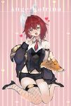  1girl :d absurdres ange_katrina animal_ears aqua_nails arm_strap arm_support bad_id bad_twitter_id bare_shoulders black_jacket black_shirt black_shoes black_shorts blush character_name collared_shirt commentary crossed_bangs earrings english_commentary fake_animal_ears fishnet_thighhighs fishnets full_body hair_between_eyes hair_intakes hair_ornament hairclip hand_up head_tilt heart highres index_finger_raised jacket jacket_partially_removed jewelry layered_shirt long_hair long_sleeves looking_at_viewer nail_polish navel necktie nijisanji nontraditional_playboy_bunny nose_blush official_alternate_costume open_mouth orange_jacket outline pink_background purple_eyes rabbit_ears red_hair red_necktie shirt shoes short_necktie shorts simple_background single_thighhigh sitting sleeveless sleeveless_shirt smile solo striped_background takumi_shirahase teeth thighhighs triangle_earrings upper_teeth_only vertical-striped_background virtual_youtuber wariza white_outline white_shirt 