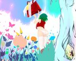  ascot ascot_removed ass backpack bag bug butterfly clothesline field flat_color flower flower_field from_behind from_below green_hair hair_bobbles hair_ornament hakurei_reimu hamusan insect inubashiri_momiji kawashiro_nitori kazami_yuuka multiple_girls panties plaid plaid_skirt plaid_vest shirt_removed short_hair skirt skirt_removed skirt_set tail thighhighs touhou tree trefoil underwear vest white_legwear white_panties wolf_tail yukkuri_shiteitte_ne 