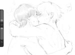  2boys art_program_in_frame chainsaw_man closed_eyes commentary completely_nude decembercache denji_(chainsaw_man) french_kiss from_side greyscale highres implied_sex kiss male_focus moaning monochrome multiple_boys nude sweat upper_body yaoi yoshida_hirofumi 