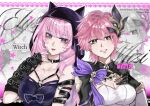  2girls alien_stage animal_hood arm_warmers black_arm_warmers black_gloves blue_eyes blush breasts cat_hood chocola_s cleavage corset cosplay costume_switch dress elysia_(honkai_impact) elysia_(honkai_impact)_(cosplay) elysia_(miss_pink_elf)_(honkai_impact) english_text gloves hair_ornament highres honkai_(series) honkai_impact_3rd hood long_hair mizi_(alien_stage) mizi_(alien_stage)_(cosplay) multiple_girls pink_hair purple_dress short_hair smile upper_body white_corset yellow_eyes 