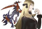 1girl arm_blade black_coat black_sclera blonde_hair blue_skin breasts claws coat colored_sclera colored_skin cynthia_(pokemon) dragon fangs fur-trimmed_coat fur-trimmed_sleeves fur_collar fur_trim garchomp grey_eyes hair_ornament hair_over_one_eye highres long_hair long_sleeves mega_evolution mega_garchomp mega_garchomp_z mega_pokemon pokemon pokemon_(creature) pokemon_diamond/pearl/platinum psylduck shark_fin sharp_teeth solo_focus spikes tail teeth very_long_hair weapon yellow_eyes 