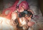  1boy 1girl age_difference allie_(stella_sora) betanonbeet black_dress black_hair blue_eyes blue_pajamas blush breasts cleavage_cutout closed_eyes clothing_cutout dress embarrassed eye_mask happy head_on_pillow highres hug large_breasts maid maid_headdress male_tyrant_(pajamas)_(stella_sora) male_tyrant_(stella_sora) mask no_pupils on_bed pajamas pillow pink_hair short_hair shoulder_cutout smile stella_sora sunlight tyrant_(stella_sora) upper_body 
