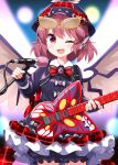  1girl :d ;d animal_ear_piercing animal_ears bird_ears bird_wings black_bloomers black_dress black_hat bloomers blush choujuu_gigaku commentary_request dress eyewear_on_head guitar hat highres holding holding_guitar holding_instrument holding_microphone_stand instrument long_sleeves looking_at_viewer medium_hair microphone_stand mystia_lorelei one_eye_closed pink_eyes pink_hair ruu_(tksymkw) smile solo touhou winged_hat wings yellow-framed_eyewear 