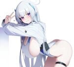  1girl ass bent_over blue_archive breasts cosplay from_side halo heart highres hooded_shrug huge_breasts kotone_(blue_archive) kotone_(blue_archive)_(cosplay) long_hair looking_at_viewer mechanical_halo millennium_science_school_logo multicolored_one-piece_swimsuit noa_(blue_archive) nyo2_ng one-piece_swimsuit purple_eyes ring_light_reflection shrug_(clothing) sideboob simple_background skindentation solo swimsuit thigh_strap two-tone_one-piece_swimsuit v very_long_hair white_background white_hair white_halo white_one-piece_swimsuit white_shrug 