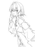  1girl akanbe ange_katrina ange_katrina_(1st_costume) cardigan closed_mouth coat commentary_request crossed_bangs eyelid_pull finger_to_eye from_side greyscale hair_between_eyes hair_intakes hair_ornament hairclip hand_up highres kirisame_oo lineart long_sleeves looking_at_viewer looking_to_the_side medium_hair monochrome nijisanji off_shoulder signature simple_background solo tongue tongue_out triangle_hair_ornament unfinished upper_body virtual_youtuber 