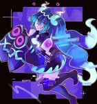  1girl 88junos aqua_hair artist_name bare_shoulders black_thighhighs detached_arm detached_legs detached_sleeves expressionless ghost ghost_girl ghost_miku_(project_voltage) ghost_type_theme_(pokemon) glitch glowing_neckwear gradient_hair grey_shirt hair_between_eyes hatsune_miku highres leg_up long_hair looking_at_viewer multicolored_hair necktie pale_skin pokemon project_voltage shirt skirt sleeves_past_fingers sleeves_past_wrists solo thighhighs twintails very_long_hair vocaloid watermark white_necktie will-o'-the-wisp_(mythology) yellow_eyes 
