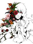  ann606 ascot bird_of_paradise calla_lily carnation colored_eyelashes eyelashes flower flower_request hands_clasped kazami_yuuka kazami_yuuka_(pc-98) lily_(flower) long_hair monochrome own_hands_together plant_girl poppy_(flower) puffy_sleeves red_eyes red_flower red_rose rose smile smirk solo spot_color tegaki touhou touhou_(pc-98) 