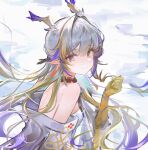  1girl absurdres arknights bare_shoulders bead_choker beads blonde_hair blue_hair closed_mouth commentary dragon_girl dragon_horns earrings from_side highres horns jacket jewelry long_hair long_pointy_ears meihina multicolored_hair open_clothes open_jacket pointy_ears revision shirt shu_(arknights) smile solo white_hair white_jacket white_shirt yellow_hands 
