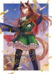  absurdres aiguillette animal_ears ascot black_thighhighs blue_sky breasts brown_hair buttons cape closed_mouth commentary_request confetti crossed_arms double-breasted earrings epaulettes gloves green_jacket green_skirt hair_between_eyes highres horse_ears horse_girl horse_tail jacket jewelry long_hair long_sleeves looking_at_viewer medal medium_breasts multicolored_hair ochabashira outdoors purple_eyes red_cape side_cape single_earring single_epaulette skirt sky smile streaked_hair symboli_rudolf_(emperor's_path)_(umamusume) symboli_rudolf_(umamusume) tail thighhighs umamusume white_ascot white_gloves white_hair 